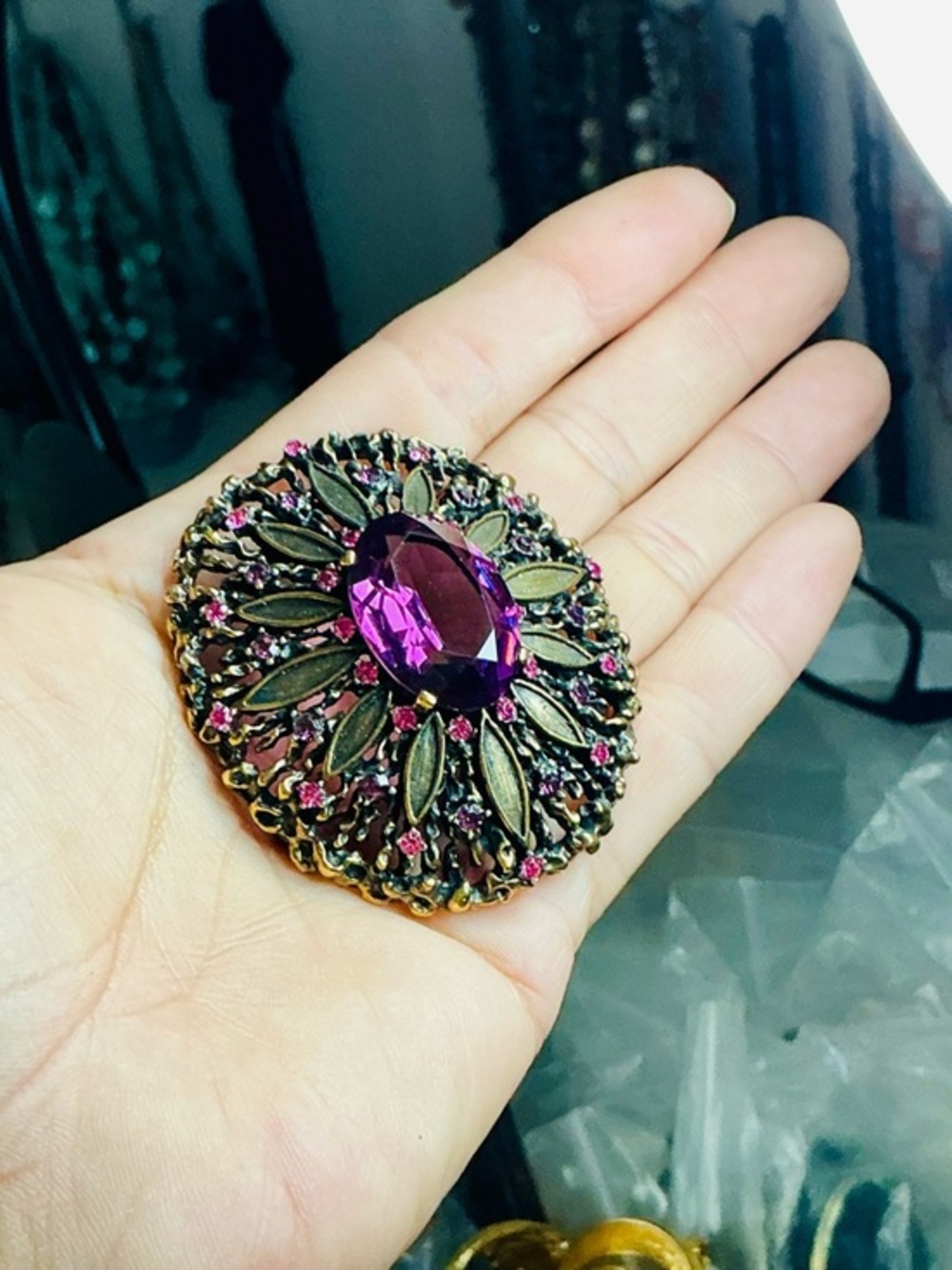 Oversized Gold-Tone Floral Brooch with Purple Center and Pink Accents Retro EUC